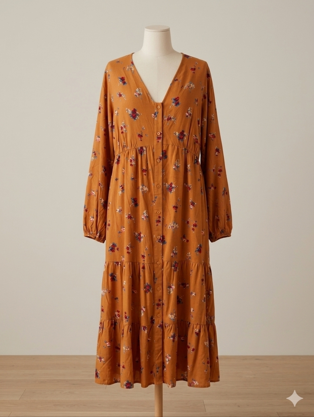 Love Fire NWT Mustard Floral Midi Dress - V-Neck Button Front, Size 3X